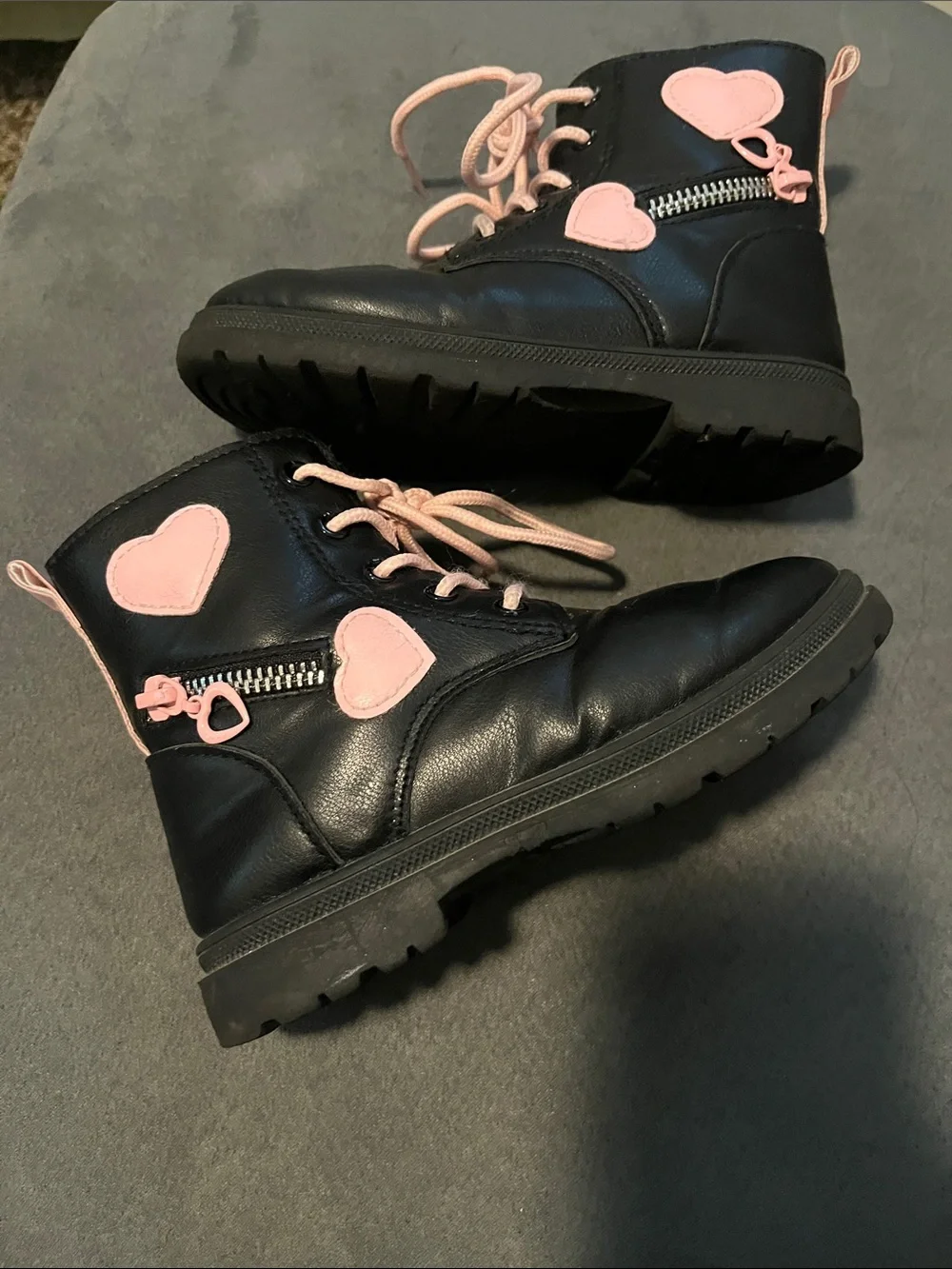 Kids Black Ankle Boots with Pink Hearts & Laces